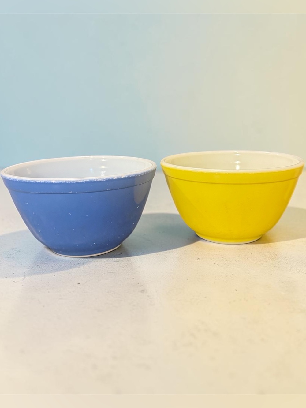 Vintage PYREX Blue & Yellow Milk Glass Bowls Set of 2 USA